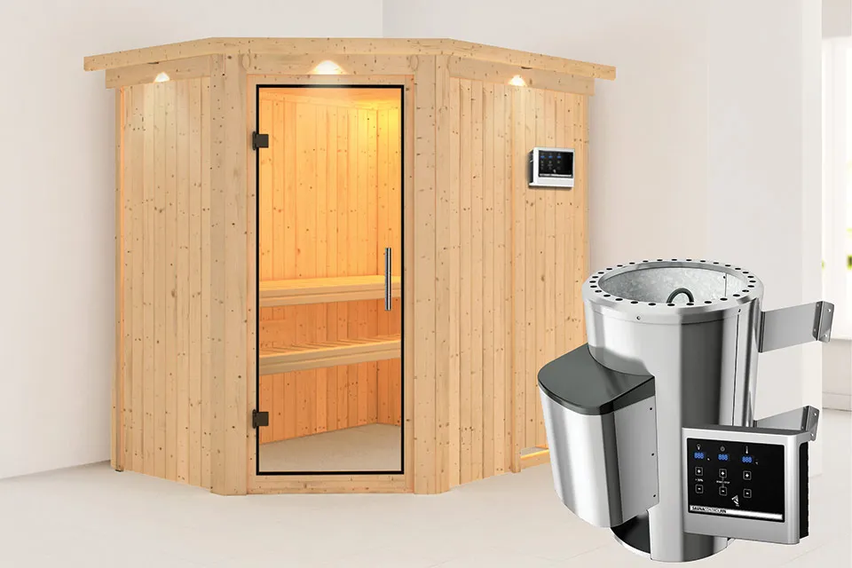 Karibu Saja Sauna met Dakkraag Helderglas Deur Biokachel 36 kW Externe Bediening