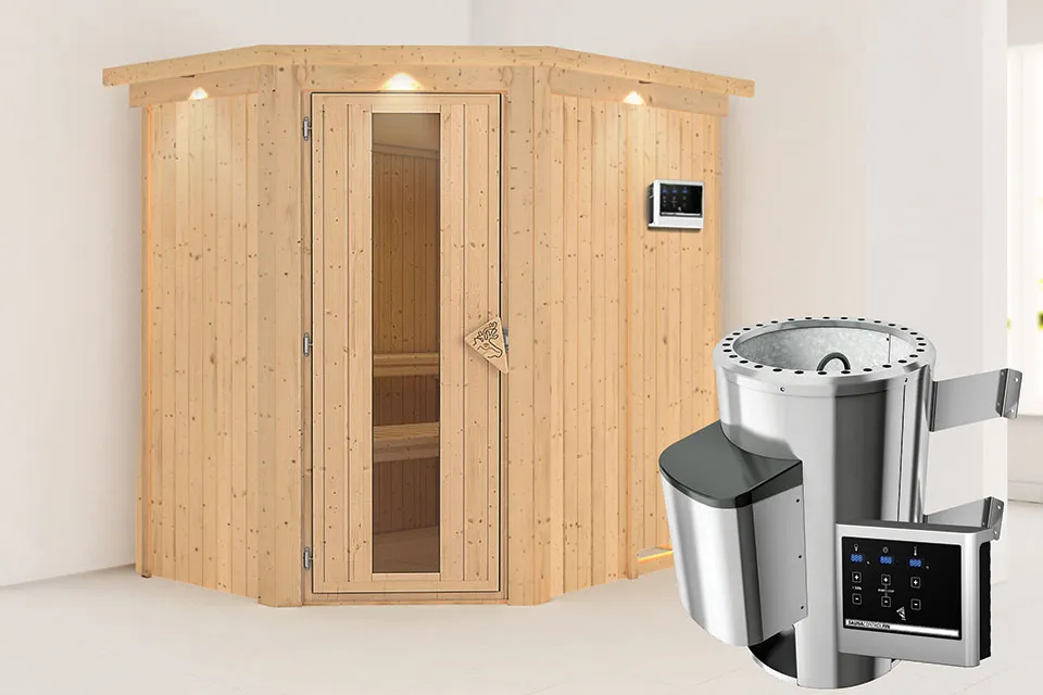 Karibu | Sauna Saja met Dakkraag | Bronzeglas | Biokachel 3,6 kW Externe Bediening