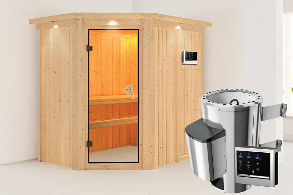 Karibu | Sauna Saja met Dakkraag | Bronzeglas l Biokachel 3,6 kW Externe Bediening