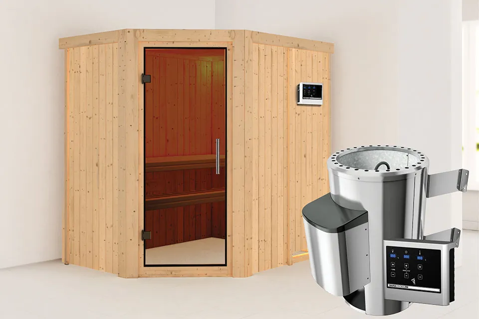 Karibu | Sauna Saja | Antracietglas | Biokachel 3,6 kW Externe Bediening Karibu | Sauna Saja | Antracietglas | Biokachel 3,6 kW Externe Bediening
