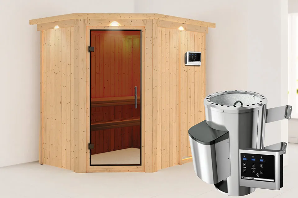 Karibu | Saja Sauna met Dakkraag | Antracietglas | Kachel 3,6 kW Externe Bediening Karibu | Saja Sauna met Dakkraag | Antracietglas | Kachel 3,6 kW Externe Bediening