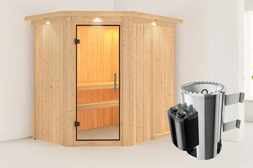 Karibu | Sauna Saja met Dakkraag | Helderglas | Kachel 3,6 kW Geïntegreerde Bediening Karibu | Sauna Saja met Dakkraag | Helderglas | Kachel 3,6 kW Geïntegreerde Bediening