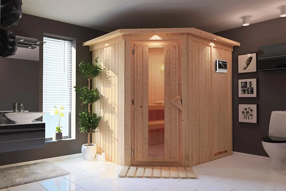 Karibu | Sauna Siirin met Dakkraag | Energiesparend | Biokachel 4,5 kW Externe Bediening Karibu | Sauna Siirin met Dakkraag | Energiesparend | Biokachel 4,5 kW Externe Bediening