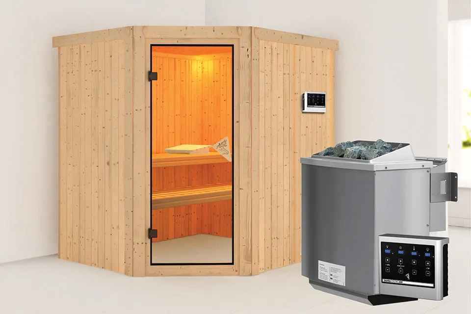 Karibu | Sauna Siirin | Bronzeglas | Biokachel 4,5 kW Externe Bediening