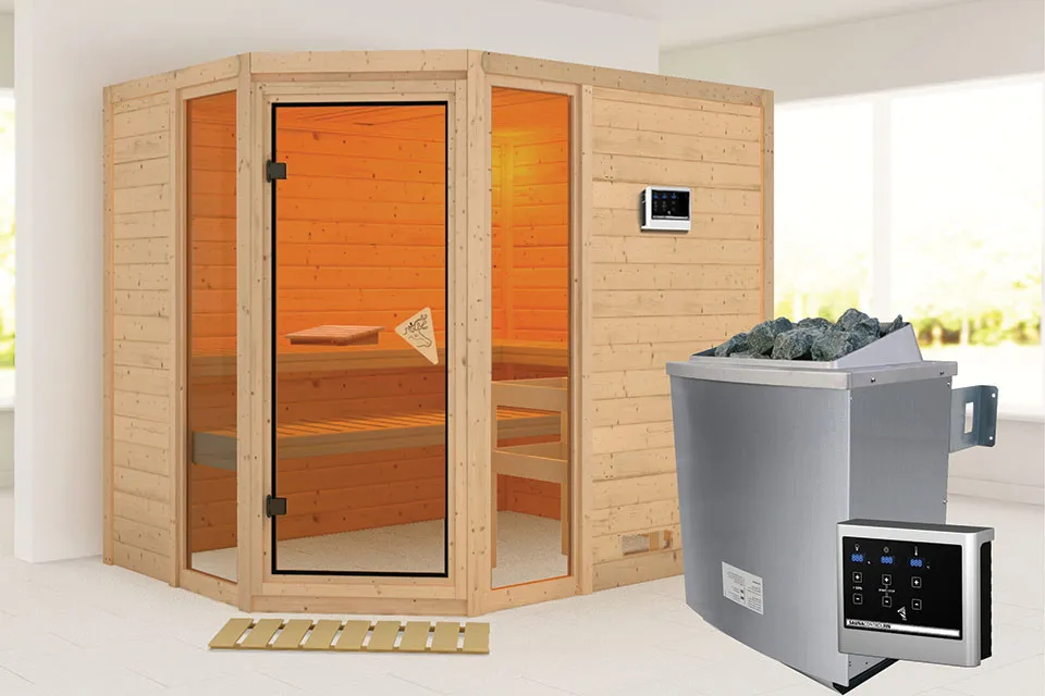 Karibu Sinai 3 Sauna met Dakkraag Kachel 9 kW Externe Bediening