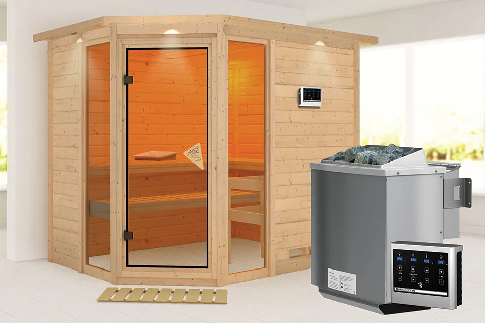 Karibu Sinai 3 Sauna met Dakkraag Biokachel 9 kW Externe Bediening