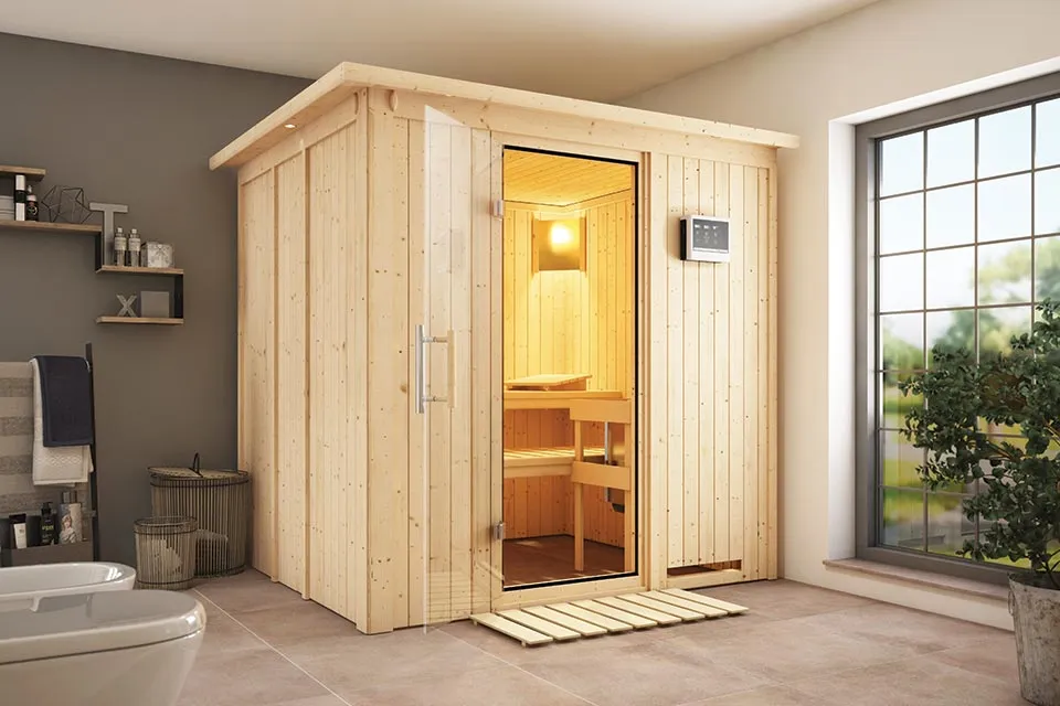 Karibu | Sauna Sodin met Dakkraag | Helderglas | Biokachel 4,5 kW Externe Bediening