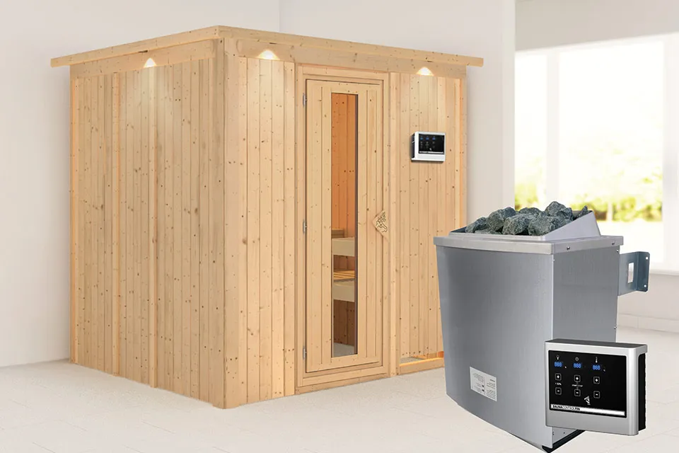 Karibu | Sauna Sodin met Dakkraag | Energiesparend | Kachel 4,5 kW Externe Bediening Karibu | Sauna Sodin met Dakkraag | Energiesparend | Kachel 4,5 kW Externe Bediening