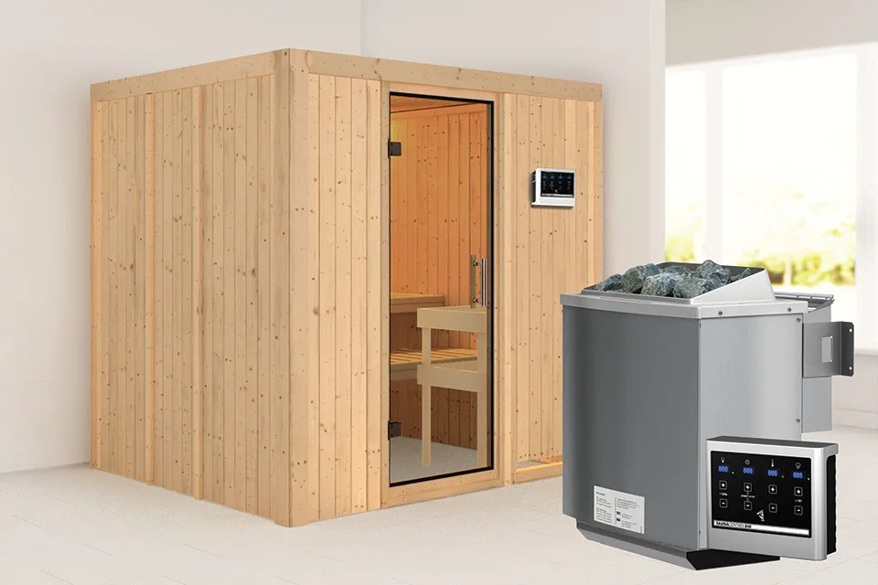 Karibu | Sauna Sodin | Helderglas | Biokachel 4,5 kW Externe Bediening