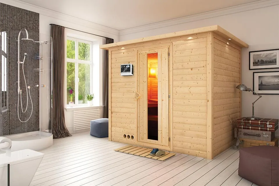 Karibu | Sonara Sauna met Dakkraag | Bronzeglas Deur Karibu | Sonara Sauna met Dakkraag | Bronzeglas Deur