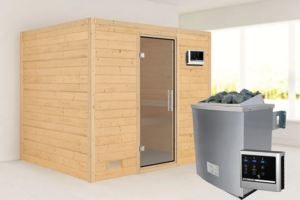 Karibu | Sauna Sonara | Antracietglas | Biokachel 9 kW Externe Bediening Karibu | Sauna Sonara | Antracietglas | Biokachel 9 kW Externe Bediening