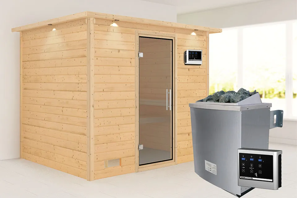 Karibu | Sauna Sonara met Dakkraag | Helderglas | Biokachel 9 kW Externe Bediening