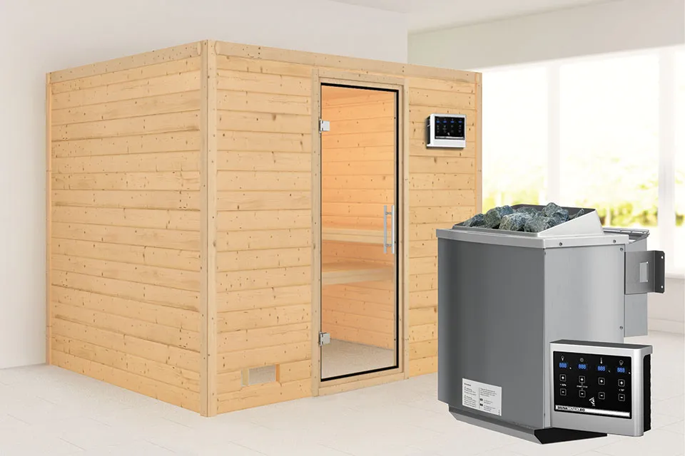 Karibu | Sauna Sonara | Helderglas | Biokachel 9 kW Externe Bediening Karibu | Sauna Sonara | Helderglas | Biokachel 9 kW Externe Bediening