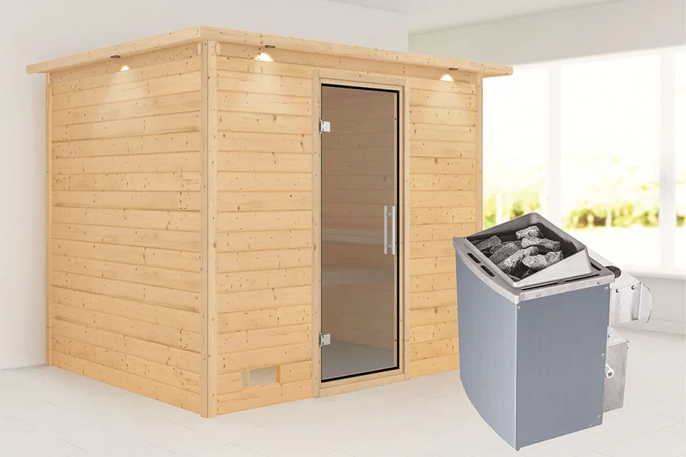Karibu | Sauna Sonara met Dakkraag | Antracietglas | Kachel 9 kW Geïntegreerde Bediening Karibu | Sauna Sonara met Dakkraag | Antracietglas | Kachel 9 kW Geïntegreerde Bediening