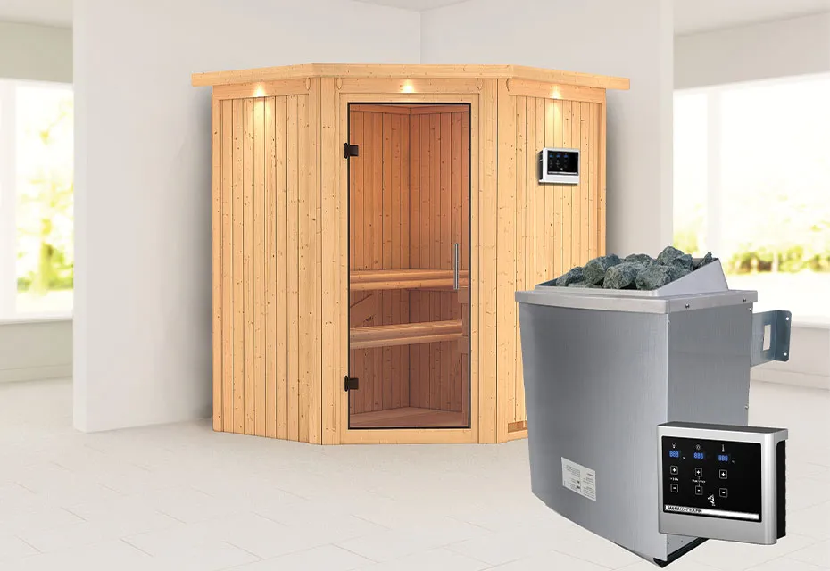 Karibu | Sauna Lilja met Dakkraag | Antracietglas | Kachel 3,6 kW Geïntegreerde Bediening