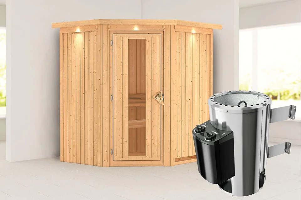 Karibu | Sauna Tonja met Dakkraag | Energiesparend | Kachel 3,6 kW Geïntegreerde Bediening Karibu | Sauna Tonja met Dakkraag | Energiesparend | Kachel 3,6 kW Geïntegreerde Bediening