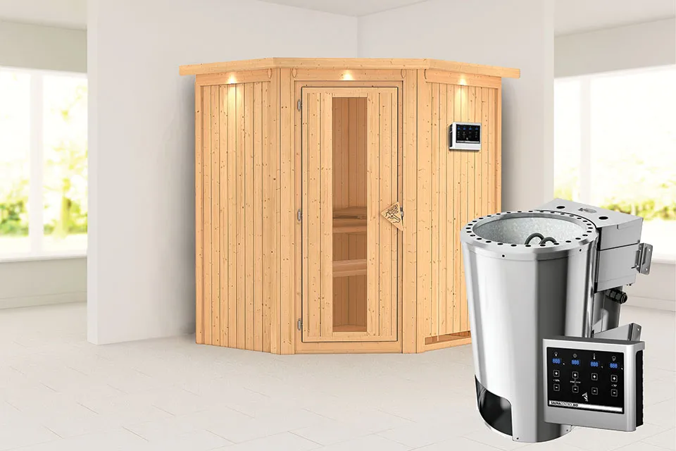 Karibu | Sauna Tonja met Dakkraag | Energiesparend | Biokachel 3,6 kW Externe Bediening Karibu | Sauna Tonja met Dakkraag | Energiesparend | Biokachel 3,6 kW Externe Bediening