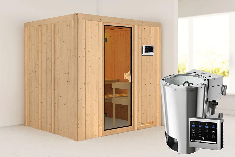 Karibu | Sauna Daria | Bronzeglas | Biokachel 3,6 kW Externe Bediening