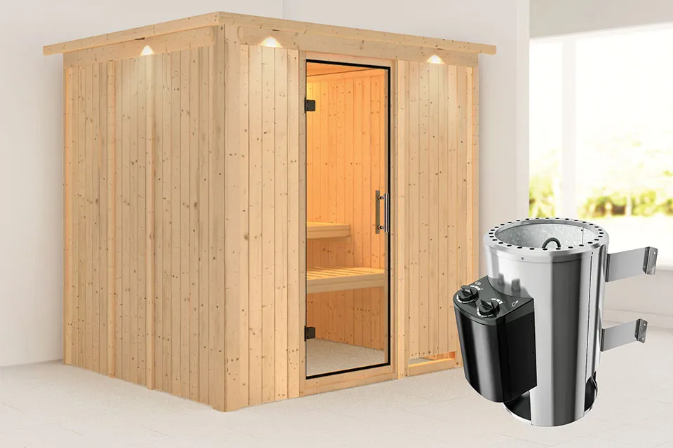 Karibu | Daria Sauna met Dakkraag | Helderglas Deur | Kachel 3,6 kW Ge?ntegreerde Bediening Karibu | Daria Sauna met Dakkraag | Helderglas Deur | Kachel 3,6 kW Ge?ntegreerde Bediening