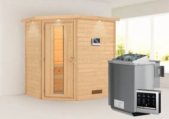 Woodfeeling | Sauna Svea met Dakkraag | Energiesparend | Biokachel 4,5 kW Externe Bediening Woodfeeling | Sauna Svea met Dakkraag | Energiesparend | Biokachel 4,5 kW Externe Bediening
