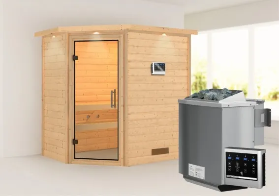 Woodfeeling | Sauna Svea met Dakkraag | Helderglas | Biokachel 4,5 kW Externe Bediening Woodfeeling | Sauna Svea met Dakkraag | Helderglas | Biokachel 4,5 kW Externe Bediening