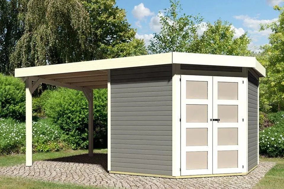 Karibu | Tuinhuis Goldendorf 5 met Overkapping 2,4 | Terragrijs